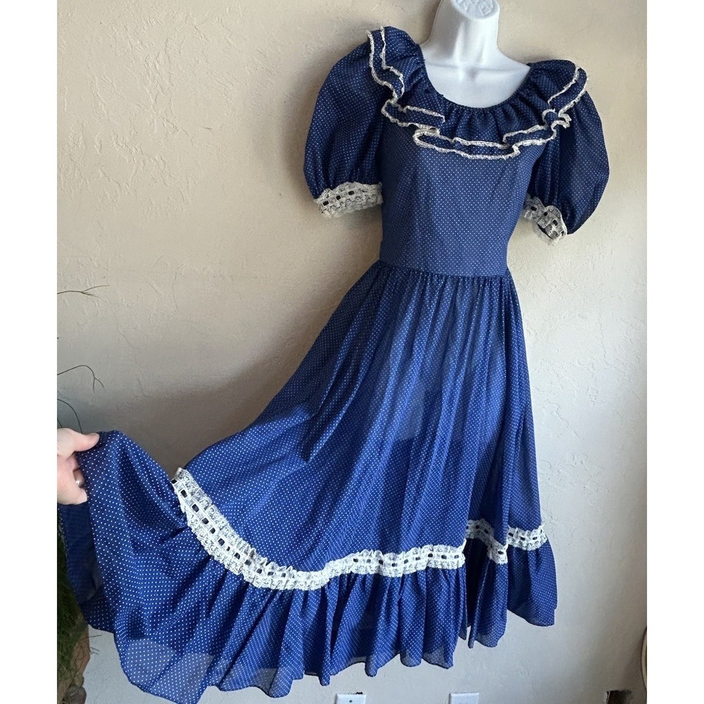 Vintage 1970s Handmade Prairie Dress S M Blue Polka Dot Lace Cottagecore Boho - Picture 2 of 9